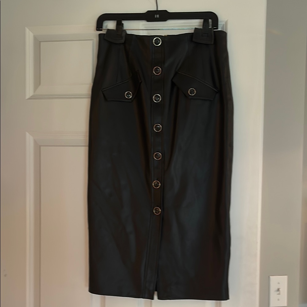 Veronica Beard Black Button-Front Midi Skirt faux leather